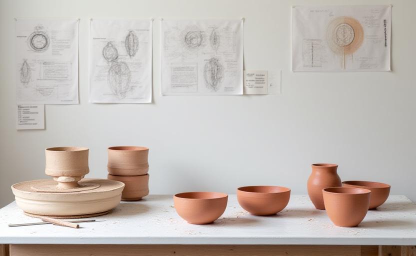A potter reviewing design sketches and finished ceramic pieces in a sunlit studio