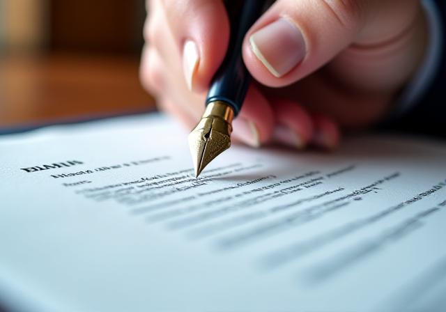 Close-up of a legal professional reviewing a detailed contract with a fountain pen