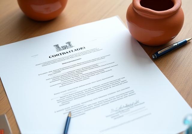 Close up of a legal document with a ceramic vase in background